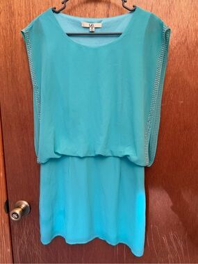 Teal Sleeveless Blouson Dress with Rhinestone Trim
